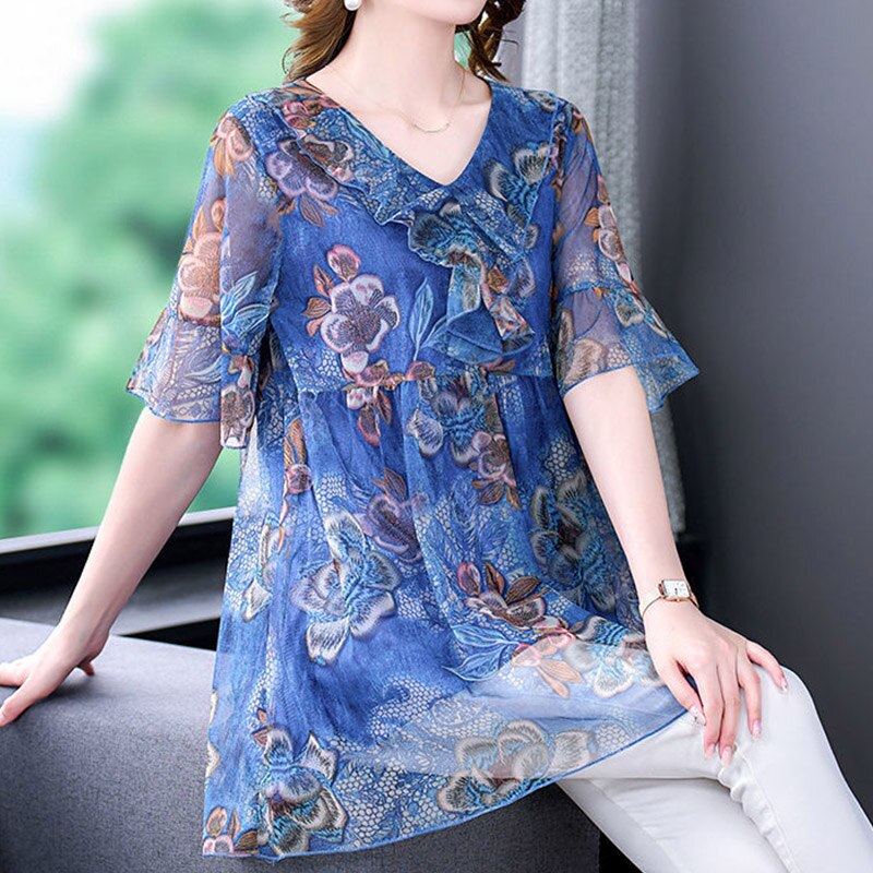 Vintage Casual Floral Printing Ruffles Gauze Shirt Summer 2022 V-Neck Short Sleeve Loose Pullover Oversized Tops Ladies Clothing