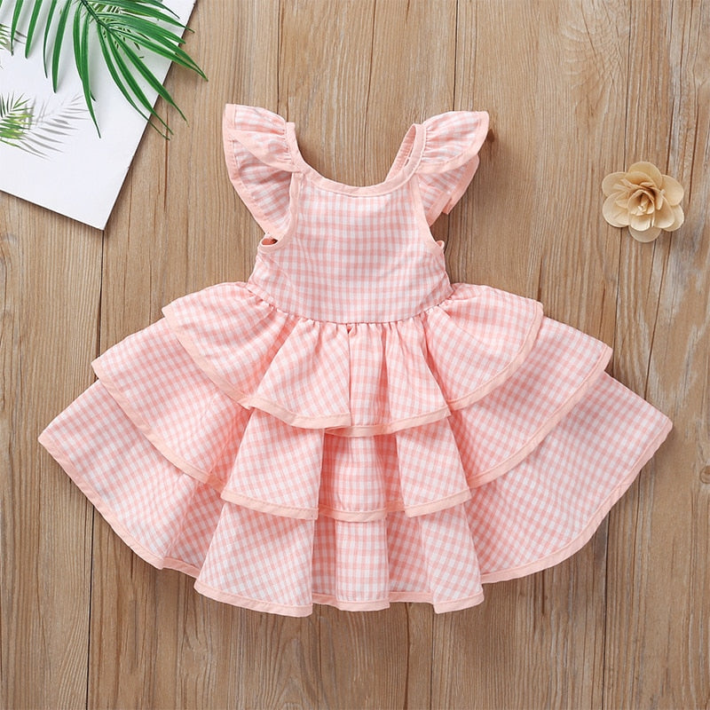 Layered Girls Dress 2021 New Plaid Pink Kids Party Clothes for 3 4 5 6 7 Year Girl Summer Backless Children Princess Dresses