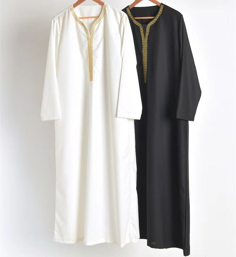 Jalabiyat Ramadan 2023 Pakistan Muslim Fashion Embroidered Long Sleeve Jubba Thobes Loose Islamic Clothing Men V-neck Robe