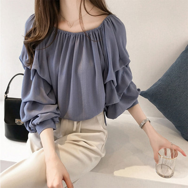 Spring Korean Fashion Pile Up Sleeves Loose Blouses Solid Color Sweet Female Elastic Round Neck Casual Shirt Women's Clothing