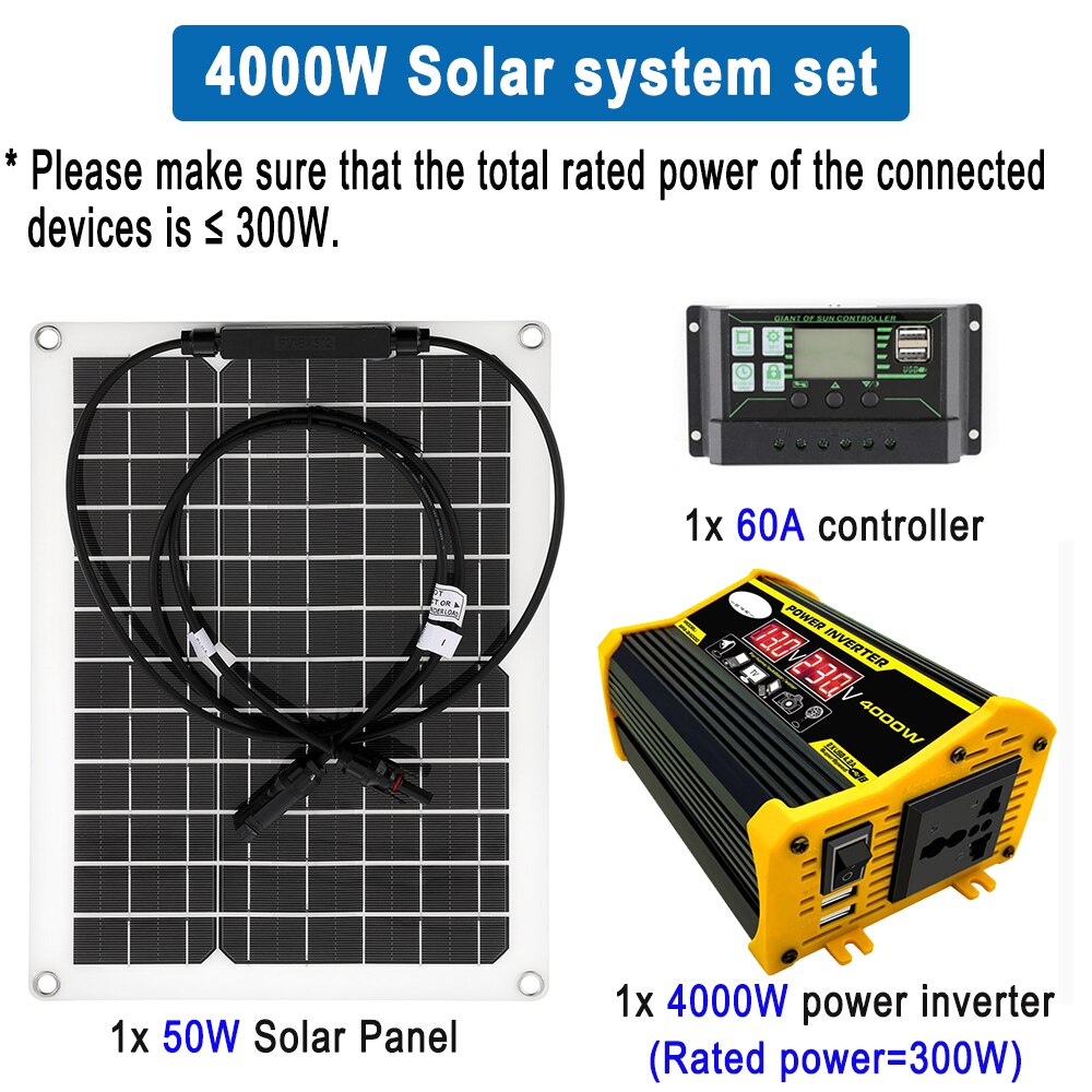 6000W 4000W Power Inverter 12V 50W Solar Panel 60A Controller Solar Power Generator Emergency Battery Charger Universal Socket
