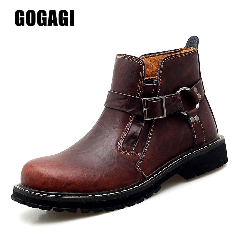 Men Fashion Round Toe Leather Boots Mens New Spring Outdoor Work Boots Casual Mens Leather Ankle Boots Zapatos Hombre Size 38-46