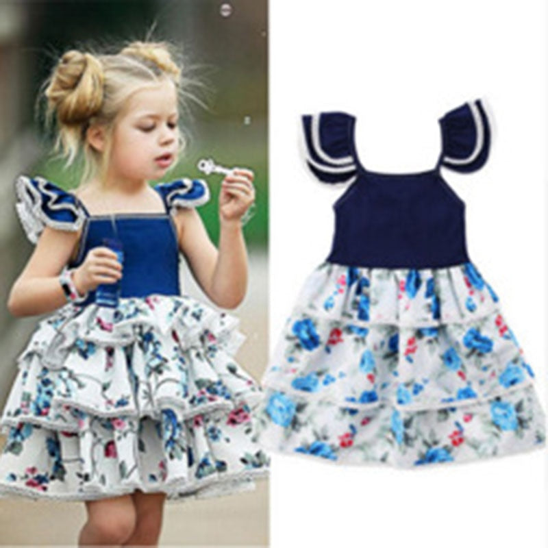Girls Print Small Fly Sleeve Lace Denim Cake Dress Baby Girl Clothing Korean Baby Clothes Kids Dresses for Girls