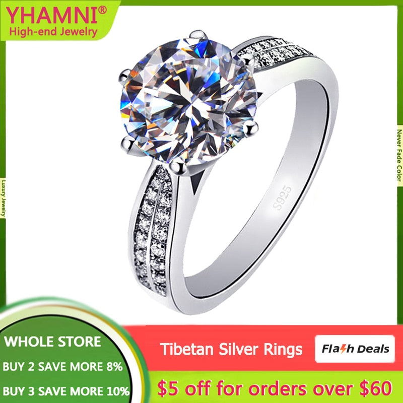 With Credentials Real Original Tibetan Silver Rings for Women Luxury 3 Carat Cubic Zircon Rings Bride Wedding Jewelry Gift R006