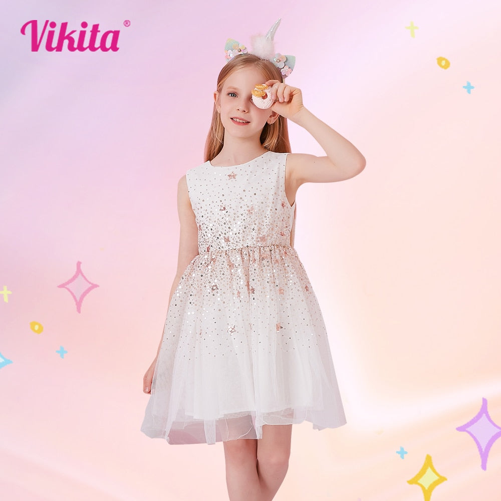 VIKITA Girls Sleeveless Summer Dress Kids Star Sequined Party Shiny Dress Children Mesh Elegant Princess Casual Costumes 3-8Yrs