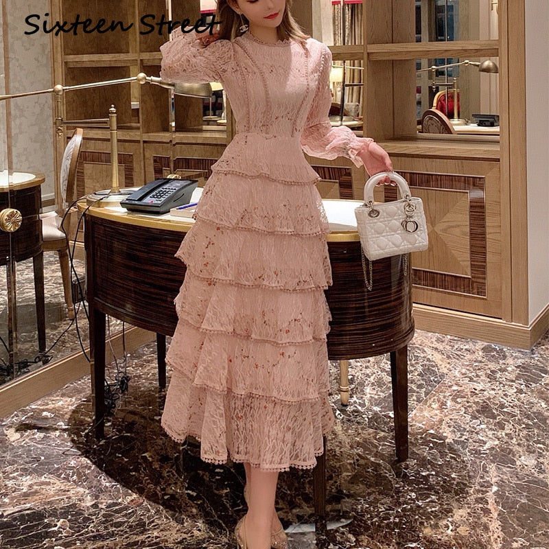 New Pink Lace Woman Dresses 2022 Autumn Long-sleeve Floral Embroidery Elegant Party Maxi Dress Woman Bud Bodycon