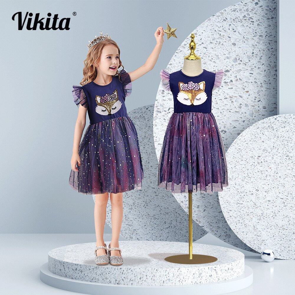 VIKITA Girls Dresses 2022 Girls Sequins Sleeveless Dresses Kids Elegant Cute Princess Tutu Vestidos Children Summer Tulle Dress