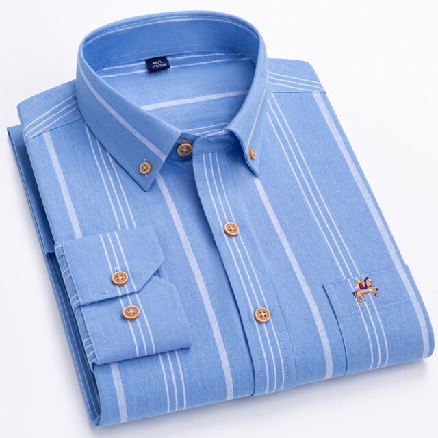 Fashion Men's Long Sleeve Casual 100% Cotton Striped Oxford Shirt with Embroidered Chest Pocket Standard-fit Button-down Shirts