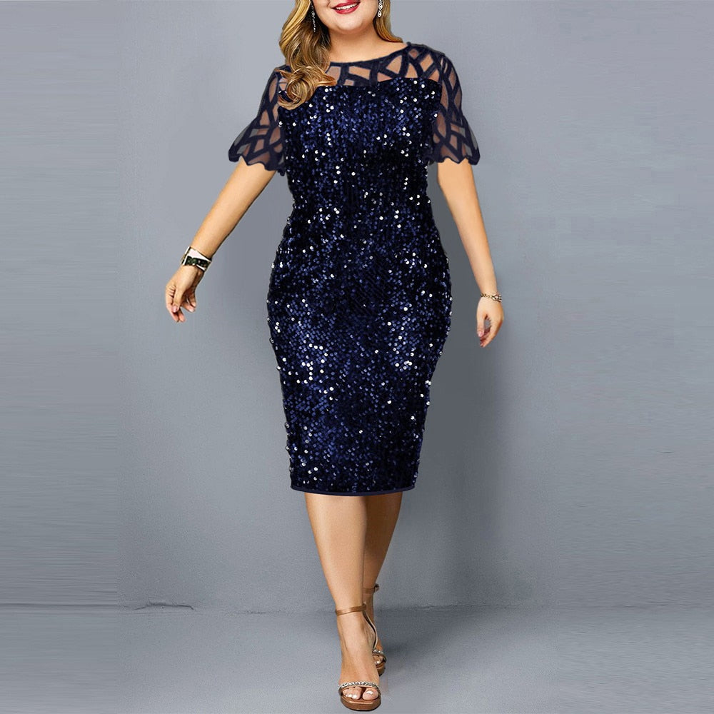 Plus Size Dresses Elegant Sequin Slim Party Dress for Women 2022 Summer Mesh Short Sleeve Midi Evening Club Dress Casual Outfits