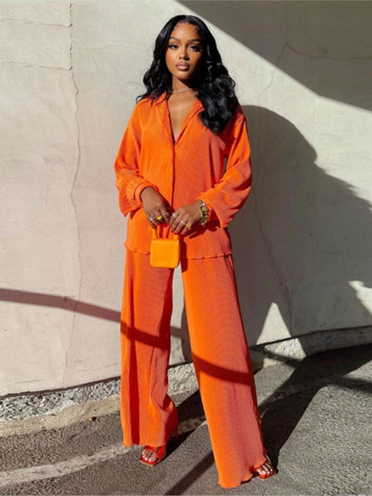 Women's Tracksuit Two Piece Sets Loose Long Sleeve Shirt Tops and Wide Leg Pants Elegant Suits 2022 Summer Casual Female Outfits