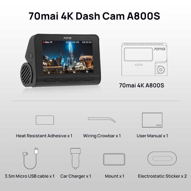 70mai 4K Dash Cam A800S Built-in GPS ADAS 140FOV 70mai Camera Car DVR A800S 24H Parking Monitior Support Rear or Interior Cam