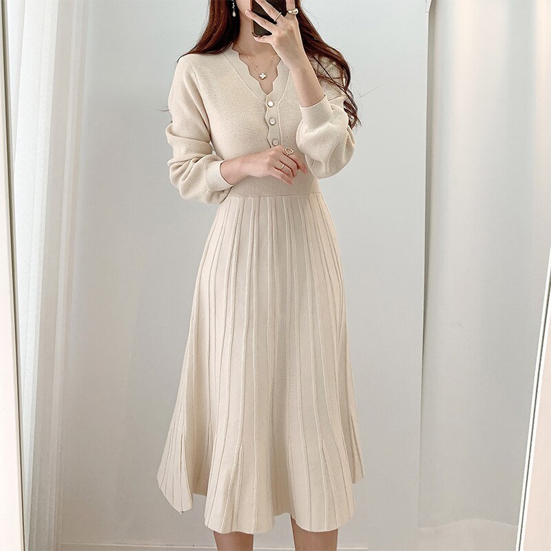 Vintage One Piece Korean Pleated Dress Long Sleeve Slim Woman Sweater Dresses Knitted Elegant Midi Party Woman Dress Autumn 2022