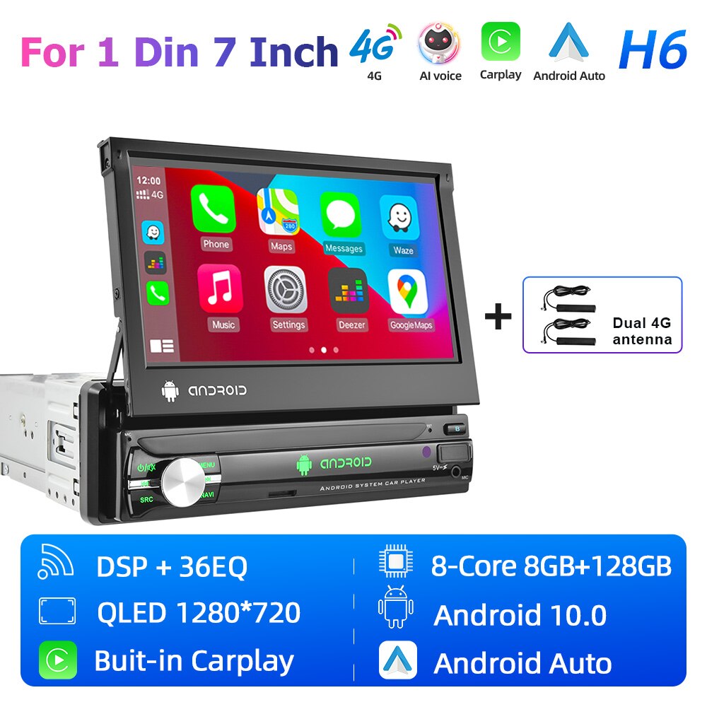Hikity 1 Din Car Radio Android 7" Retractable Screen  Multimedia Video Player Carplay Universal Car Audio No DVD