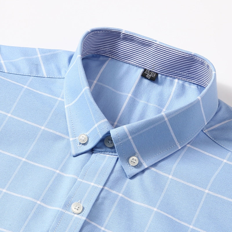 100% Cotton Breathable Men Oxford Short Sleeve Summer Plaid Shirt Striped Male Shirt Business Regular Fit Oversized Shirt