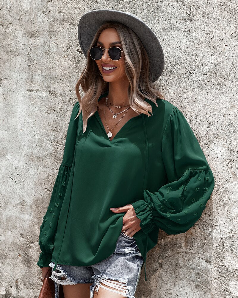 GAOVOT Autumn V Neck Puff Long Sleeve Elegant Chiffon Shirt For Women 2022 Ladies Solid Color Frill Decor Simple Loose Top