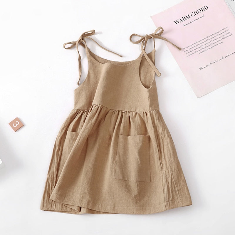Children Girls Summer Casual Dress Solid Suspender With Pocket Cute Clothes For 2-6T Girls Princess Wedding Party Gift Costume