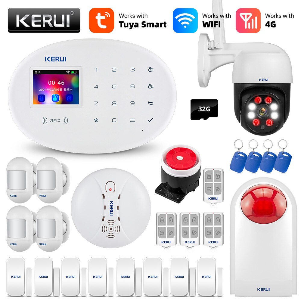 KERUI Tuya WIFI GSM 4G Smart Home Security Alarm System RFID APP Wireless Siren Sensor Detector IP Camera Sistema de alarmas