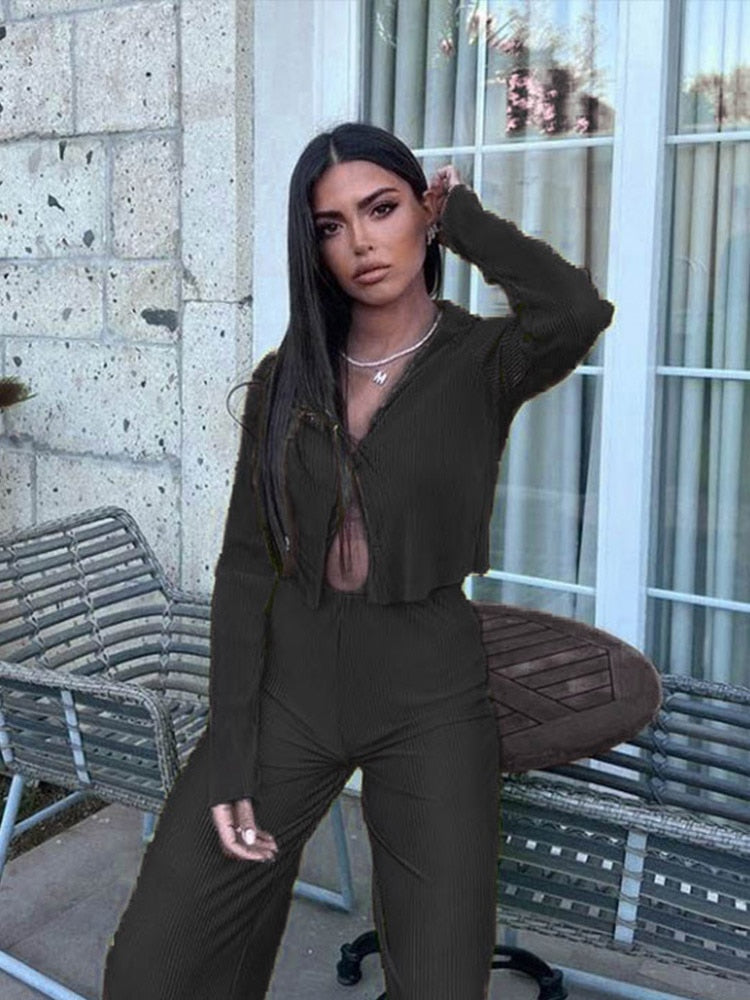 Women's Tracksuit Two Piece Sets Loose Long Sleeve Shirt Tops and Wide Leg Pants Elegant Suits 2022 Summer Casual Female Outfits