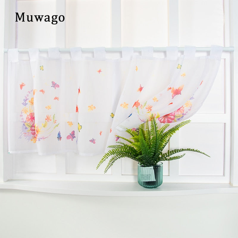 Muwago Rural Style Tulle Half Curtains Butterfly Flowers Printed For Kitchen Bookcase Dustproof Partition Cabinet Door Curtain