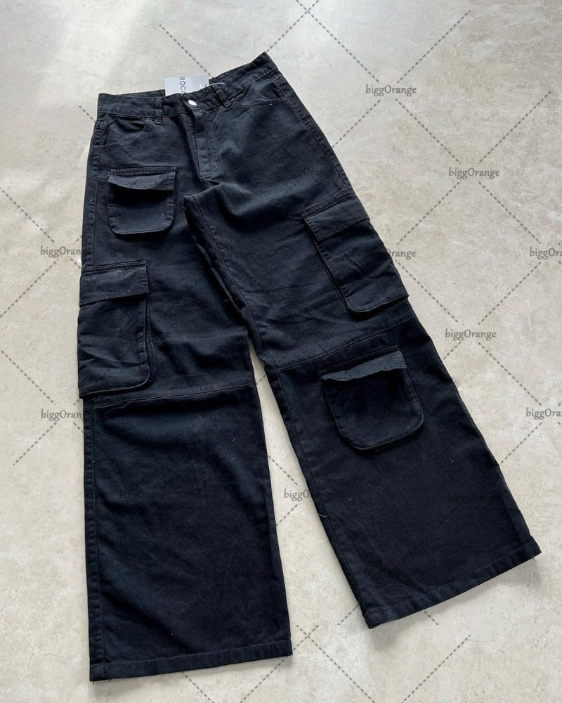 American Style High Waist Multi-pocket Washed Retro Oversized Jeans Women Y2K Street Fashion Sexy Slim Straight Wide-leg Pants
