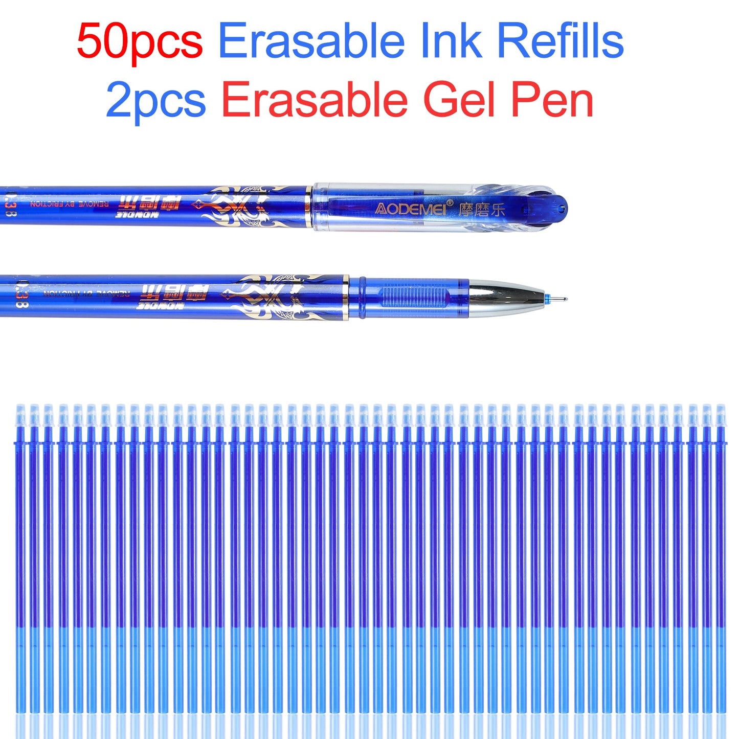 2+50Pcs/Set 0.5mm Blue Black Ink Gel Pen Erasable Refill Rod Erasable Pen Washable Handle School Writing Stationery Gel Ink Pen