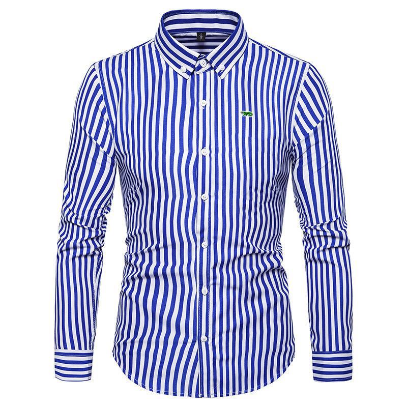 M-5XL Men's Shirt Business Brand Design Embroidery- Logo Casual Striped Blouse Hommes Clothing Male Fashion Slim Dress Shirts