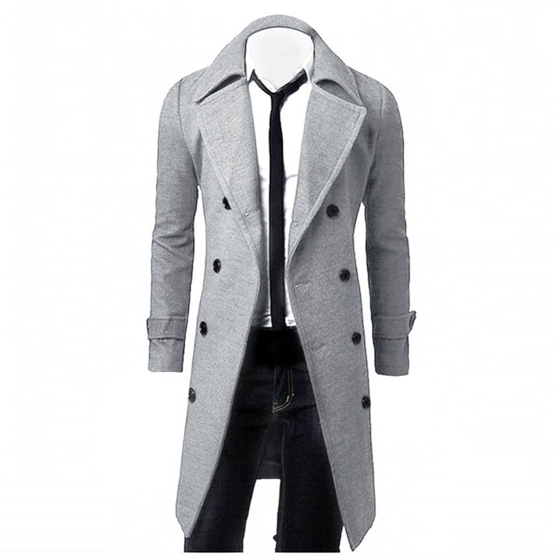 Men Black Trench Coats Long Jackets Double Breasted Overcoats Male Business Casual Wool Blends Men Leisure Overcoats Fit Blends
