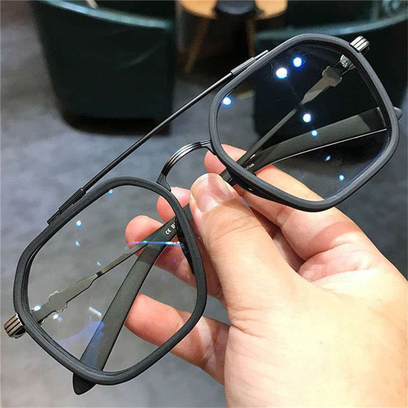 Retro Fashion Double Beam Square Myopia Glasses for Men Women Anti Blue Light Black Transparent Finish Prescription Eyewear -1.0