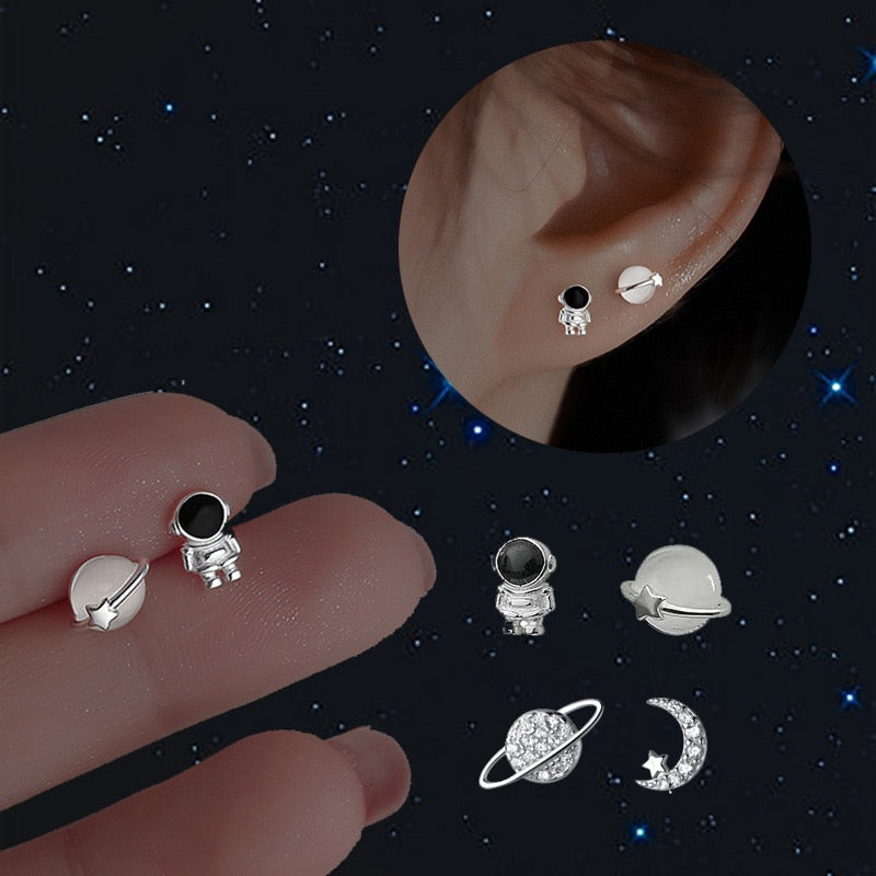 New Silver Plated Female Earrings Asymmetric Cute Space Astronaut Planet Opal Stud Earrings for Women Ear Piercing Jewelry