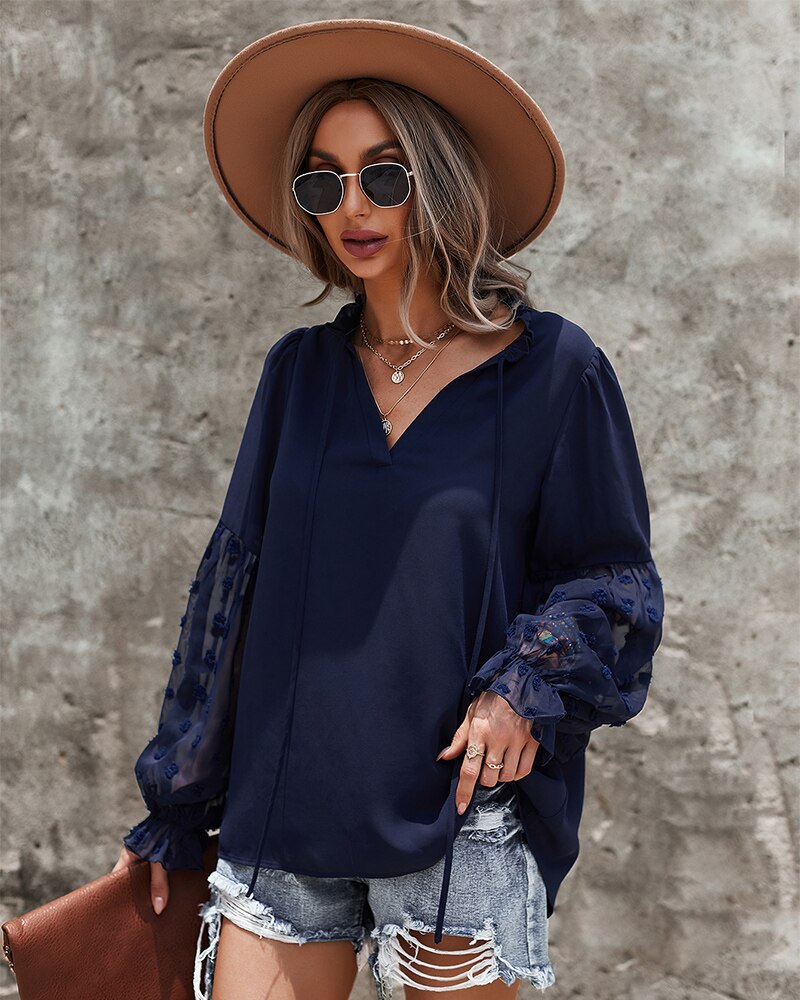 GAOVOT Autumn V Neck Puff Long Sleeve Elegant Chiffon Shirt For Women 2022 Ladies Solid Color Frill Decor Simple Loose Top