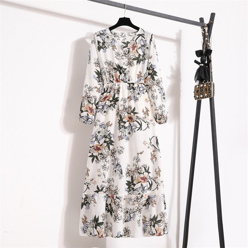 Women Maxi Dresses Spring Summer Casual Solid Full Sleeve Floral Printed O-neck Woman Bohe Beach Party Long Dress Mujer Vestidos