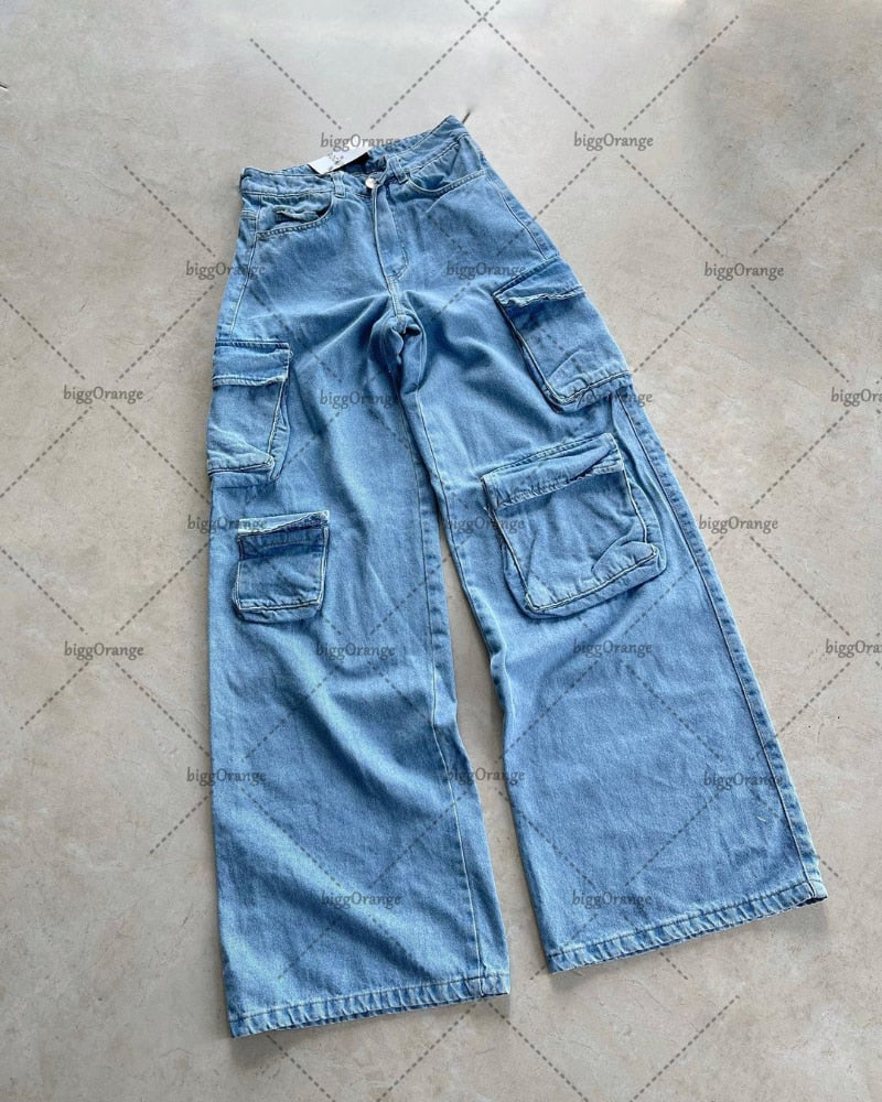 2023 New Y2k High Street Hip-hop Multi-pocket Washed High-waist Jeans Wide-leg Pants Women Retro Loose Casual Straight Trousers