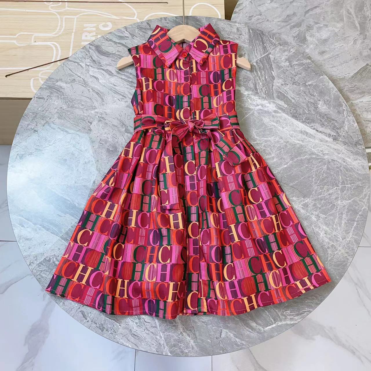 Light Luxury Children's Wear 2023 Girls' Vintage Elegant Formal Prom Dress Logo Print Design Princess Dress Fashion Clothing