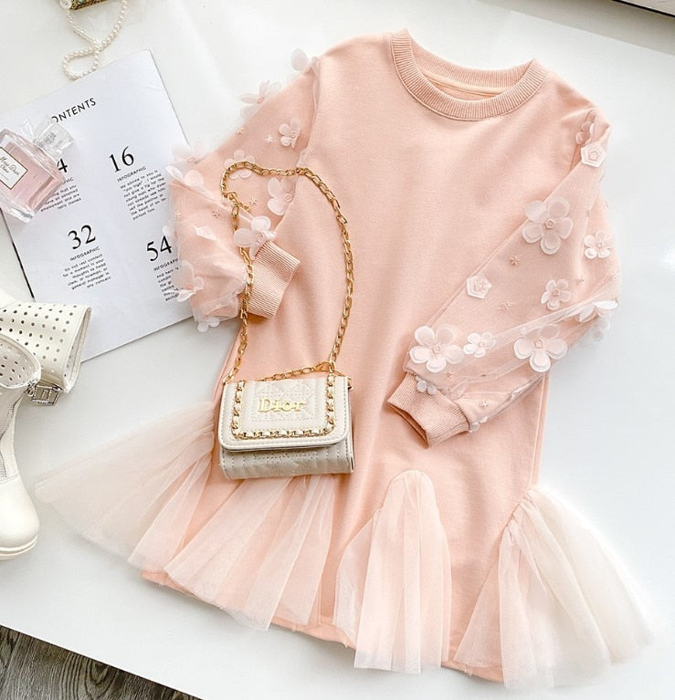 New Girls Fashion Dress Kids Cotton Dresses for Girls Winter Outfits Casual Dress Pink Color Toddler Girl Dress with Lace Flower