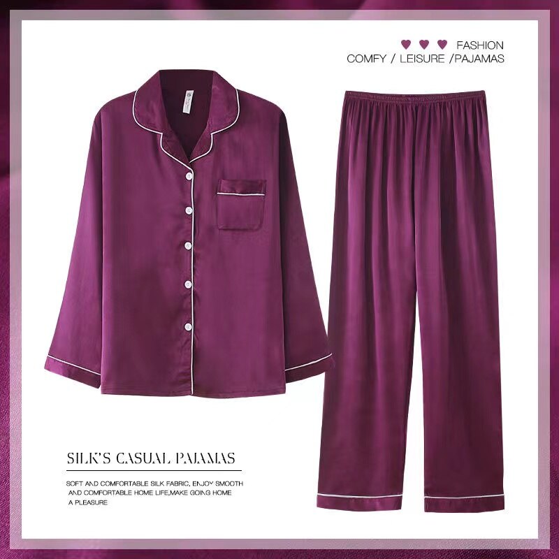 2022 New Silk Ladies Pajamas Autumn Ice Silk Long Sleeve Pants Set Printing Fashion Pajamas Women's Homewear