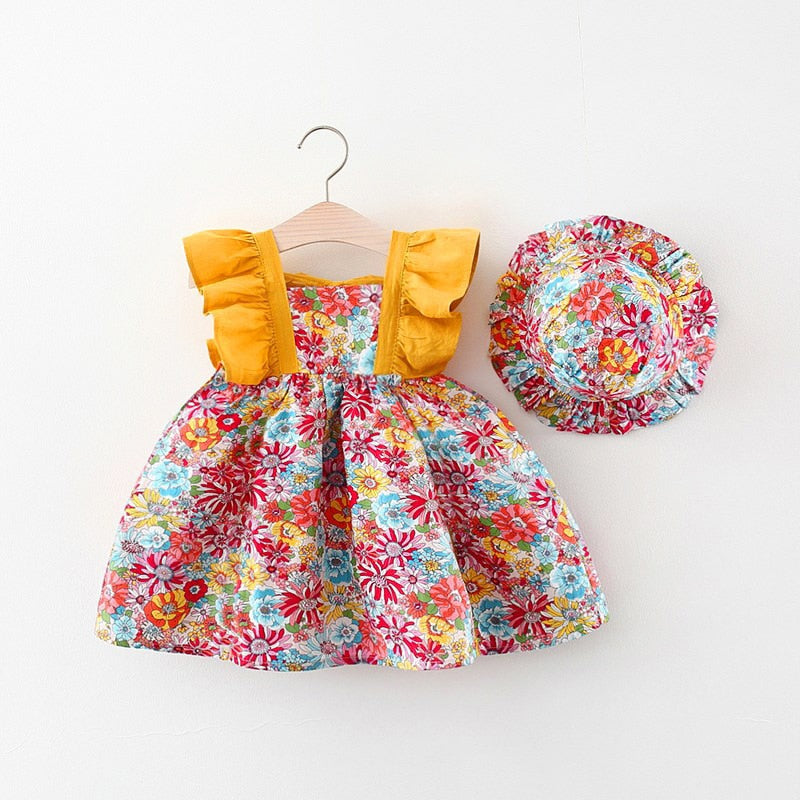 Summer Toddler Girl Clothes Set Baby Beach Dresses Cute Bow Plaid Sleeveless Cotton Newborn Princess Dress+Sunhat