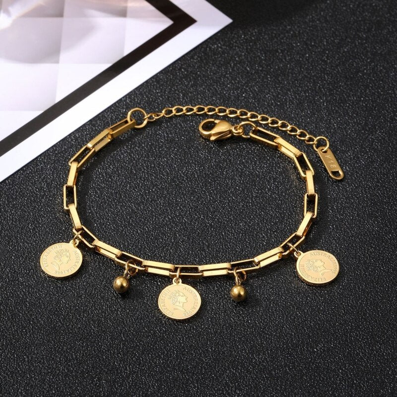 1pcs Gold Bracelet Ladies Hip Hop Style Stainless Steel Round Sign Portrait Pendant Wide Cross Chain Jewelry