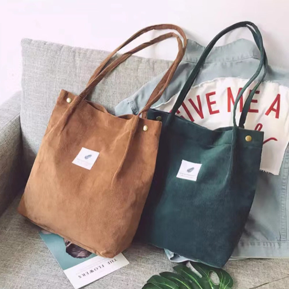 Women Corduroy Shopping Bag Girl Canvas Cloth Shoulder Bag Environmental Storage Handbag Reusable Foldable Eco Grocery Totes