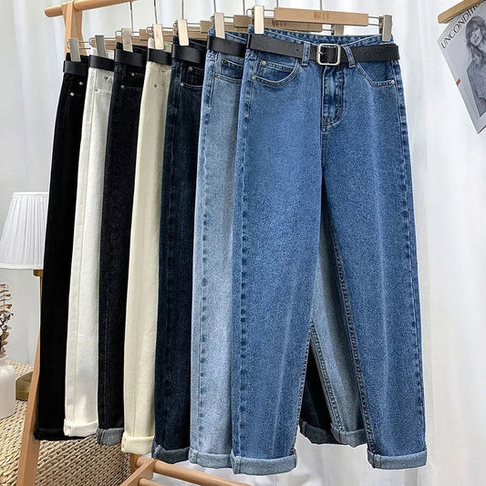 Xpqbb 2022 Summer High Waist Women Jeans Washed Casual Loose Harem Pants Female Solid Simple with Belt Student Denim Trousers