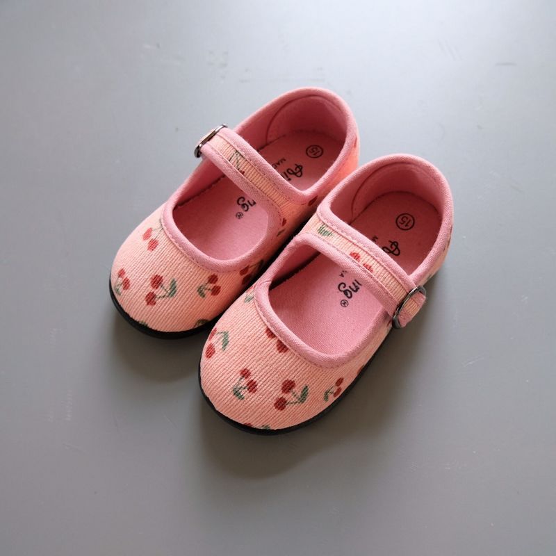 HoneyCherry New Corduroy Floral Canvas Shoes Girls Square Mouth Indoor Shoes Soft Soled Non-slip Shoes