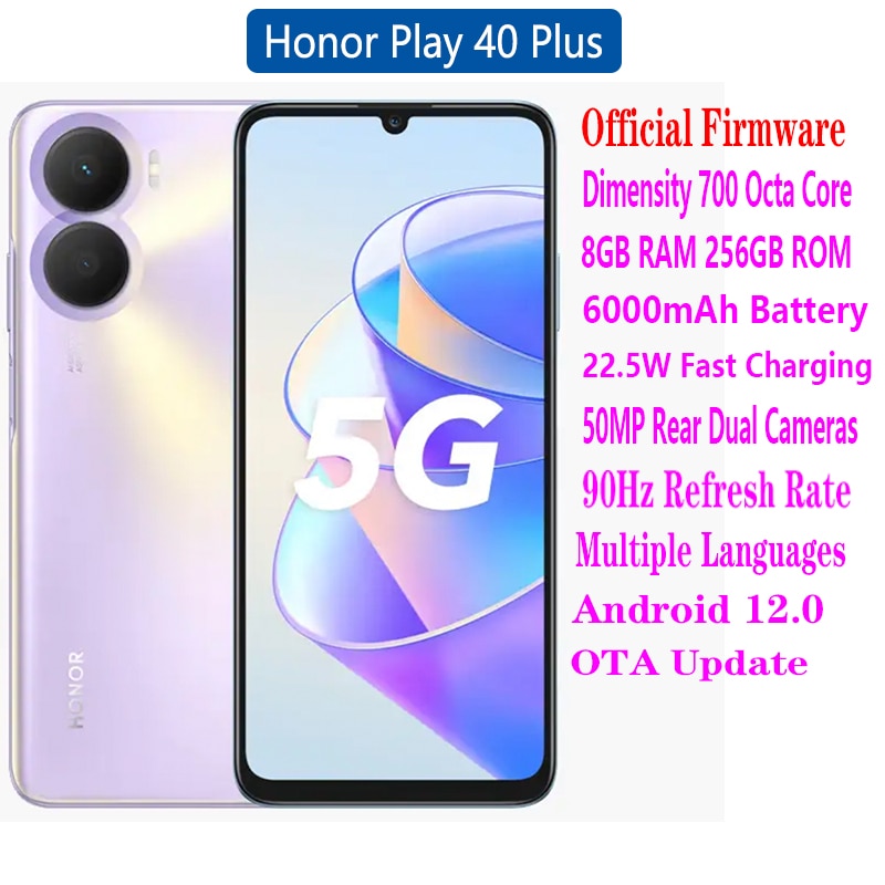 Official New Honor Play 40 Plus 5G Mobile Phone Android 12 6.74" 90Hz Dimensity700 50MP Camera 6000mAh 22.W 50MP Main Camera