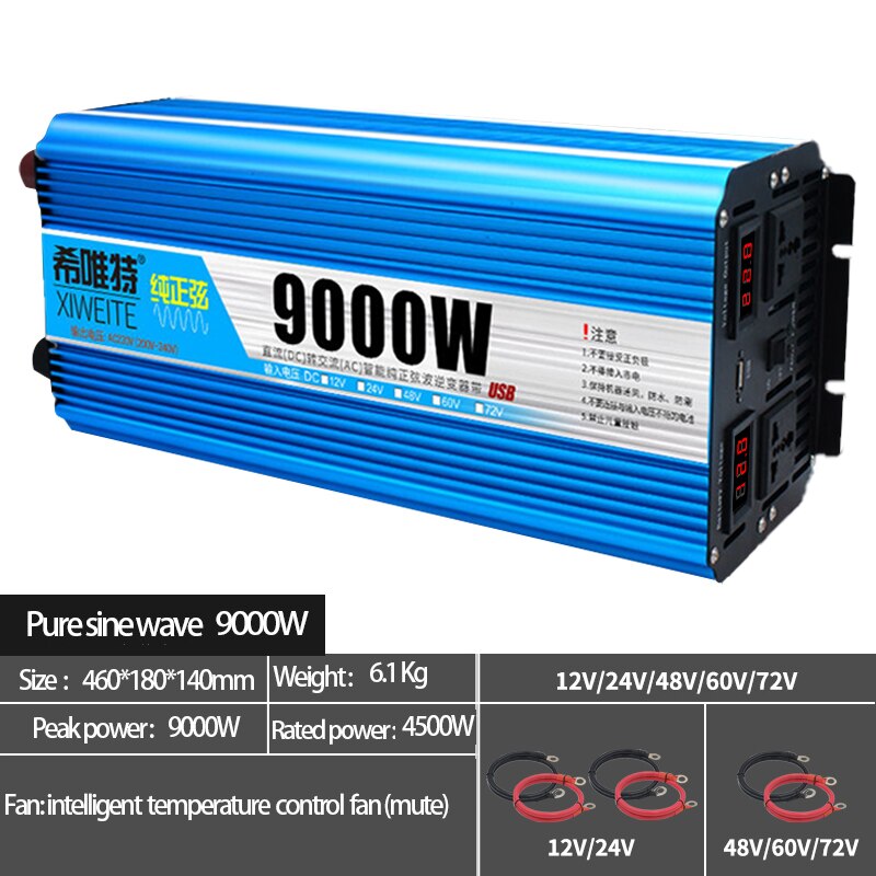 Solar Inverter Pure Sine Wave 4500W 9000W Vehicle 12V 24V Battery 48V 60V 72V to 220V High-Power Conversion