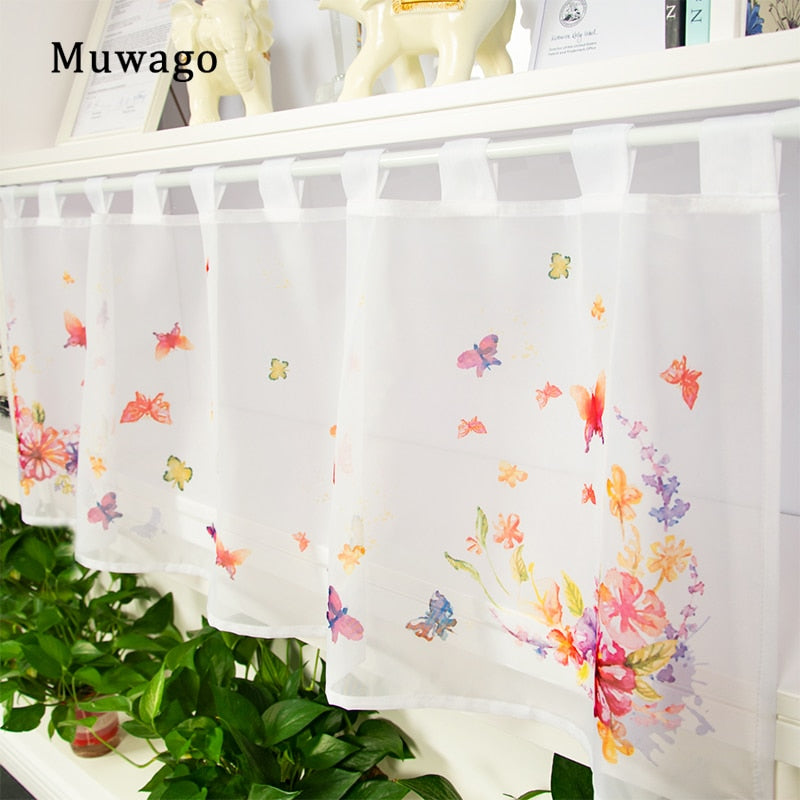 Muwago Rural Style Tulle Half Curtains Butterfly Flowers Printed For Kitchen Bookcase Dustproof Partition Cabinet Door Curtain
