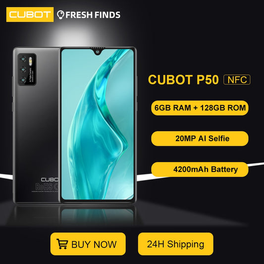 World Premiere Cubot P50 2022 New Smartphone Android 6GB RAM 128GB ROM 4200mAh 6.217 inch NFC 20MP Camera Mobile Phones celular
