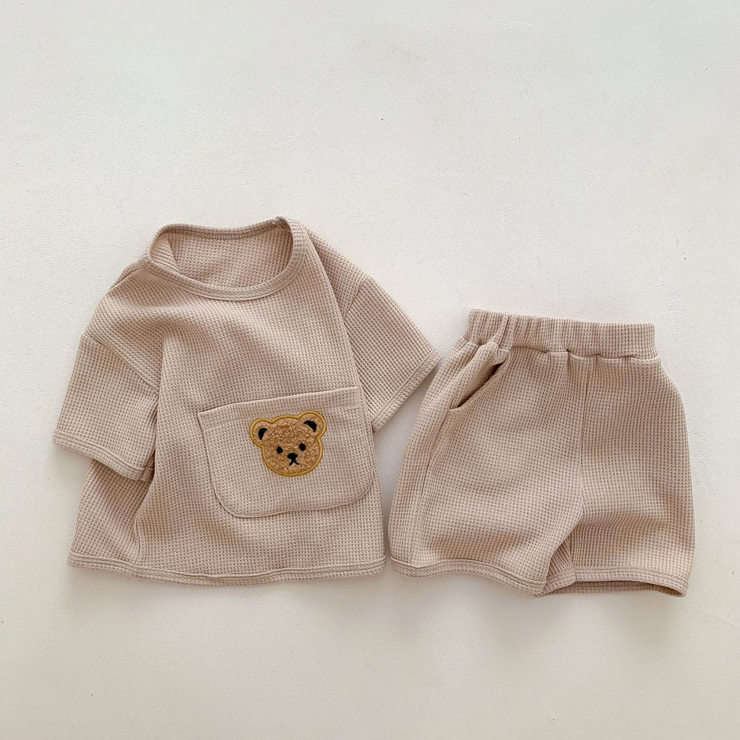 2023 Summer Baby Clothing Set 2 Pcs Baby Casual Homewear Set Waffle Bear T Shirt and Shorts Suits for Boys Girls