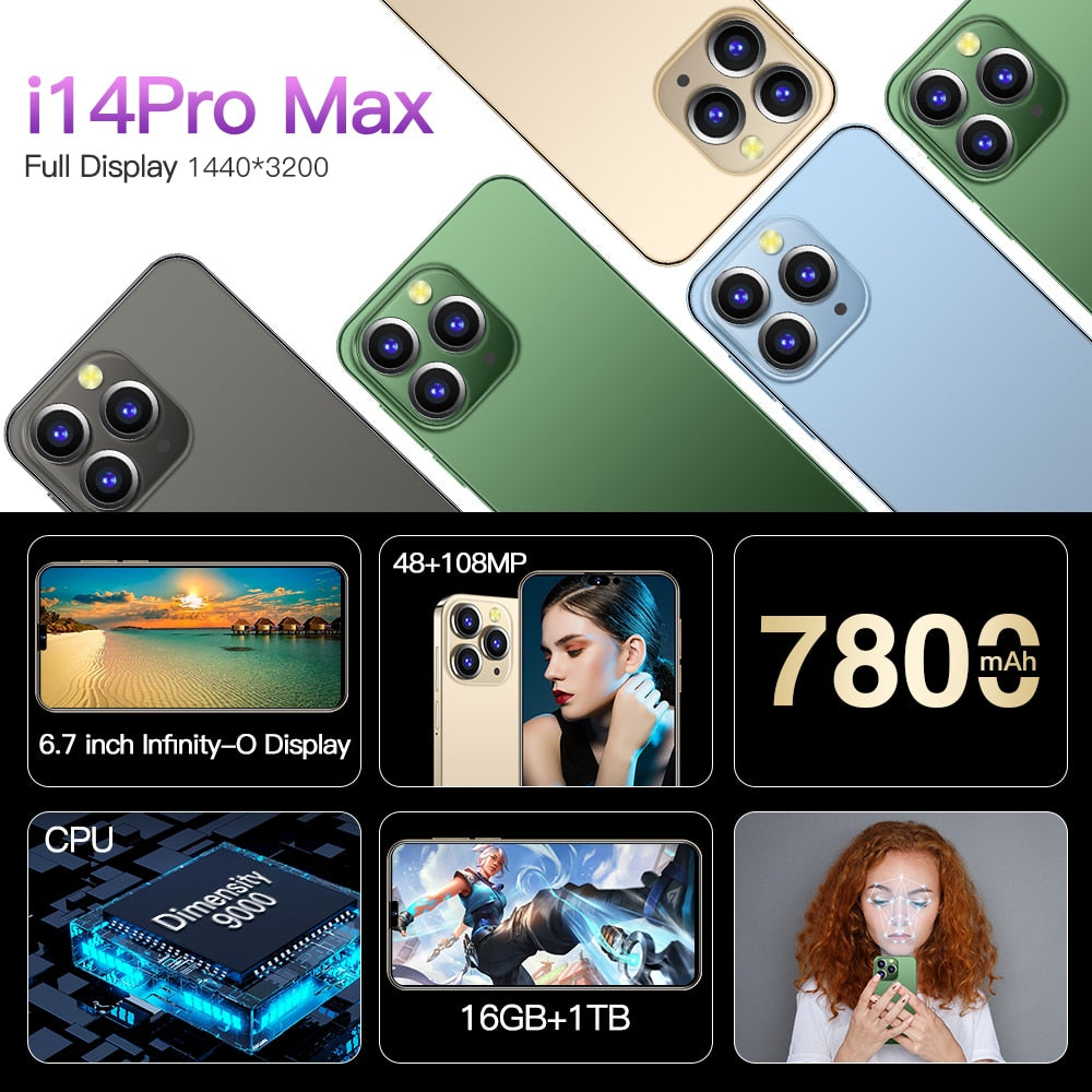 2023 14 Pro Max Smartphone 5g 7800mAh 16+1TB 6.7inch hd screen cell phone pro new smartphone phone global version mobile phones