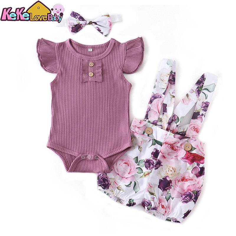 Newborn Baby Girl Clothes Summer 3Pcs Outfit Set Fashion Sleeveless Solid Color Rompers Casual Overalls Headband Infant Clothing