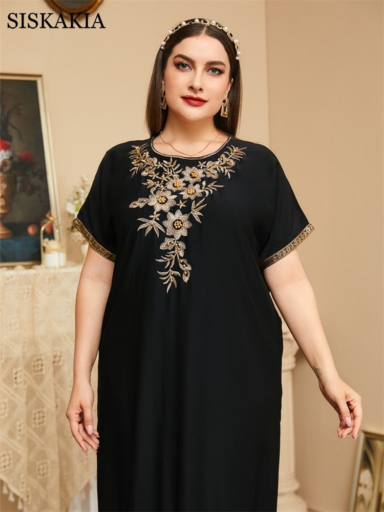 Ladies Fashion Dresses Woman Summer 2022 Plus Size Round Neck Short Sleeve Vintage Floral Embroidery Loose Casual Black Dress