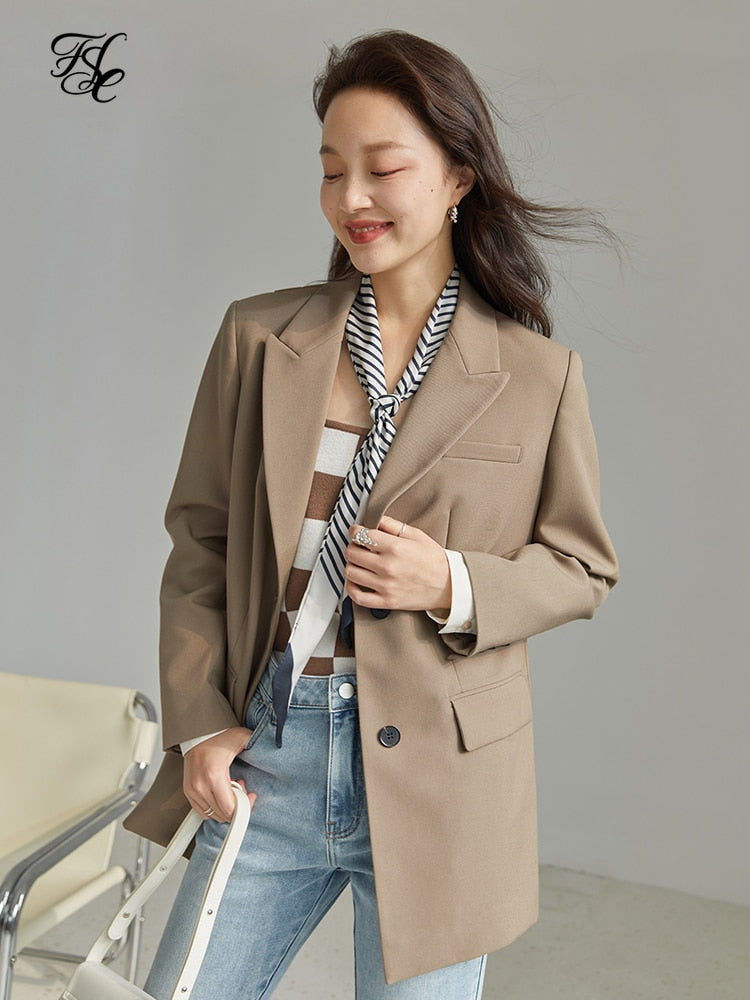 FSLE Suit Collar Full Regular Sleeve Blazers Loose waist Rear Fork Design Coat Office Lady Solid Single Breasted Blazer