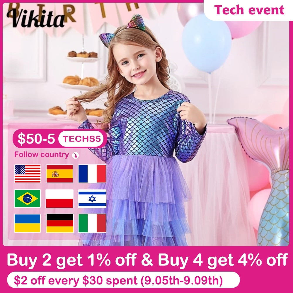 VIKITA Girl Princess Dress Autumn Wedding Birthday Party Tutu Vestidos Kids Dresses For Girls Children Christmas Costumes